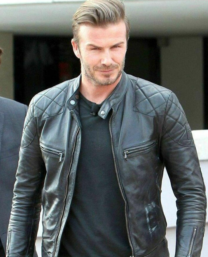David Beckham Quilted Style Black Leather Biker Jacket