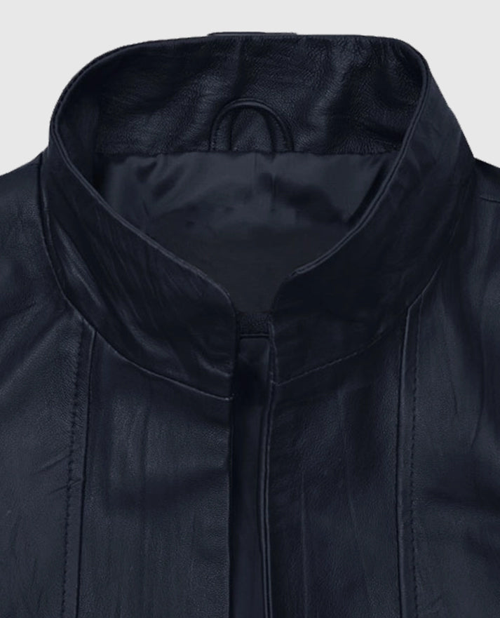 Women's Stand-Up Collar Black Leather Jacket