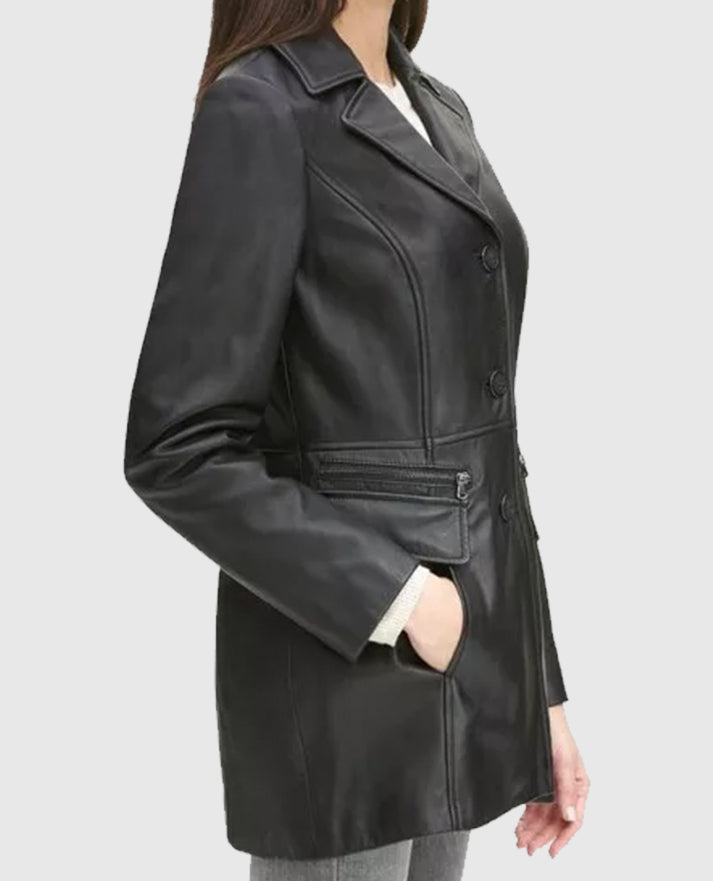 Women's Black Petite Leather Trench Coat