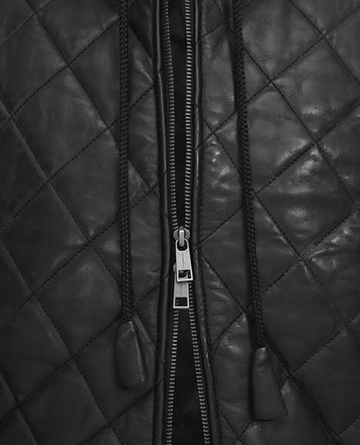 Men’s Black Quilted Hooded Leather Vest