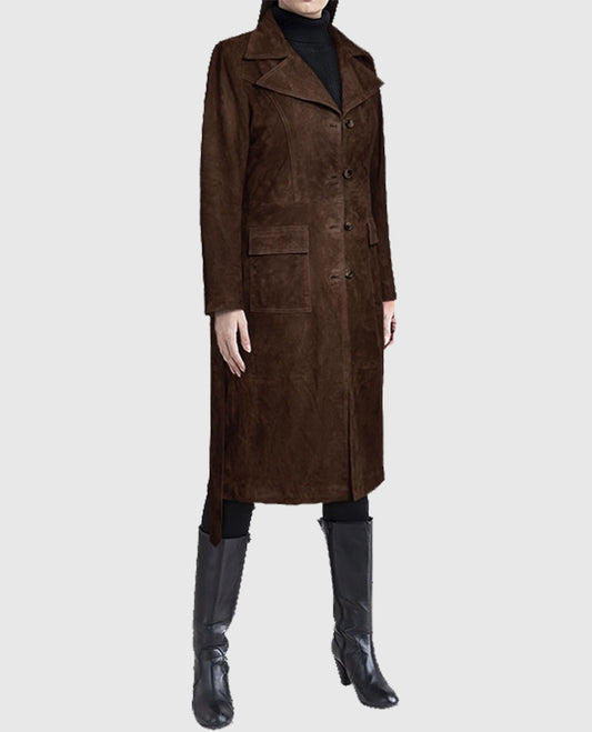 Women's Leather Dark Brown Suede Alpine Long Coat