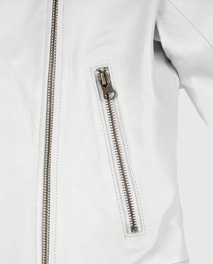 Women's Round Neck White Biker Leather Jacket