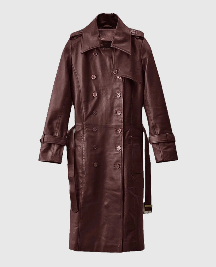 Women's Maroon Trench Soft Wax Halcon Leather Coat