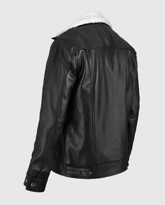 Black Leather Sherpa Leather Jacket For Men