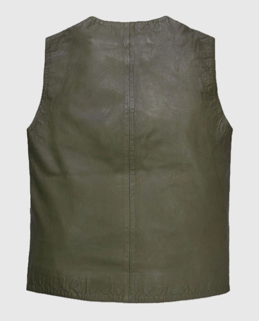 Green Washed and Wax Basicallo Leather Vest for Men