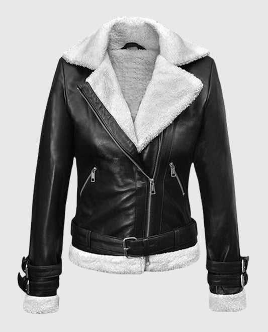 Rita Ora Shearling Black Leather Jacket