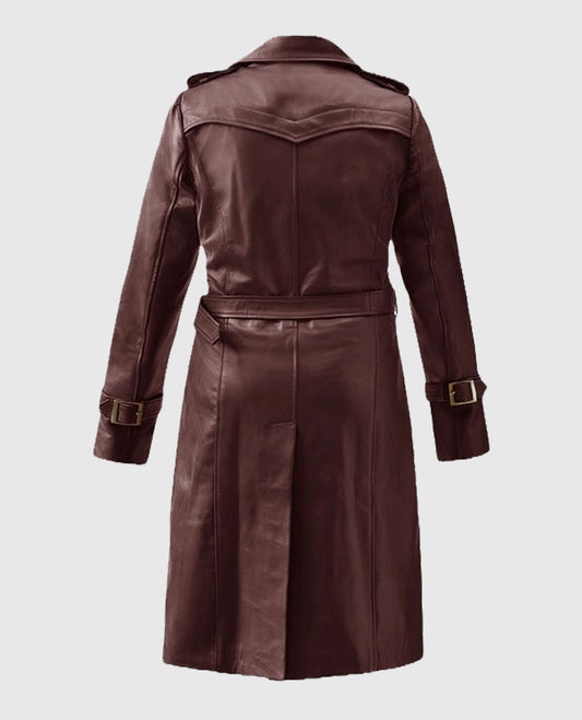 Women's Maroon Trench Soft Wax Halcon Leather long Coat