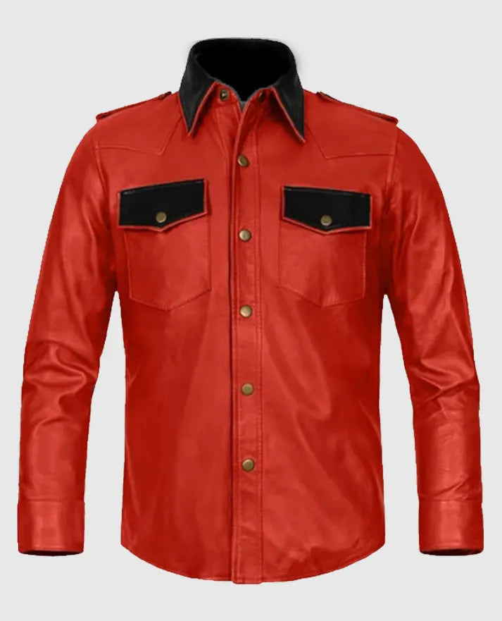 Men's Red Leather Trucker Jacket