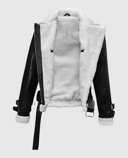 Rita Ora Shearling Black Leather Jacket