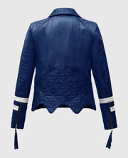 Women's Blue Leather Striped Moto Jacket