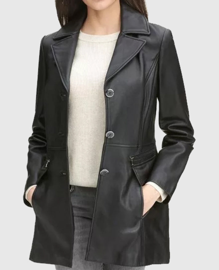 Women's Black Petite Leather Trench Coat