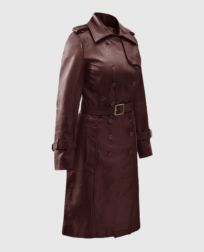 Women's Maroon Trench Soft Wax Halcon Leather Coat