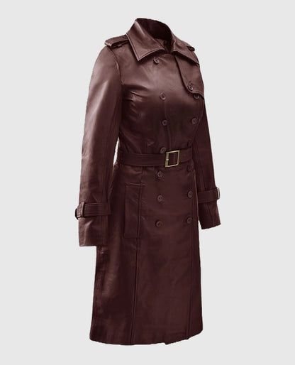 Women's Maroon Trench Soft Wax Halcon Leather Coat