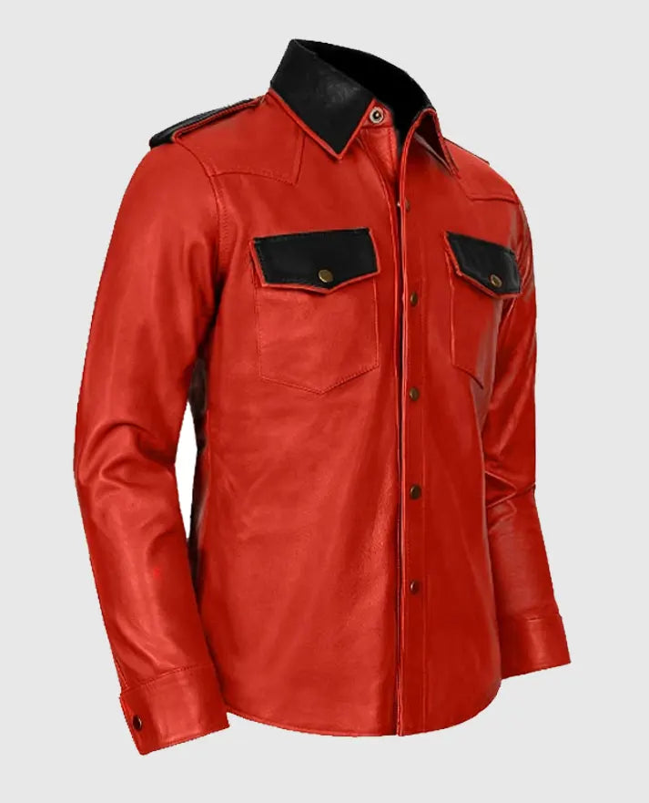 Men's Red Leather Trucker Jacket