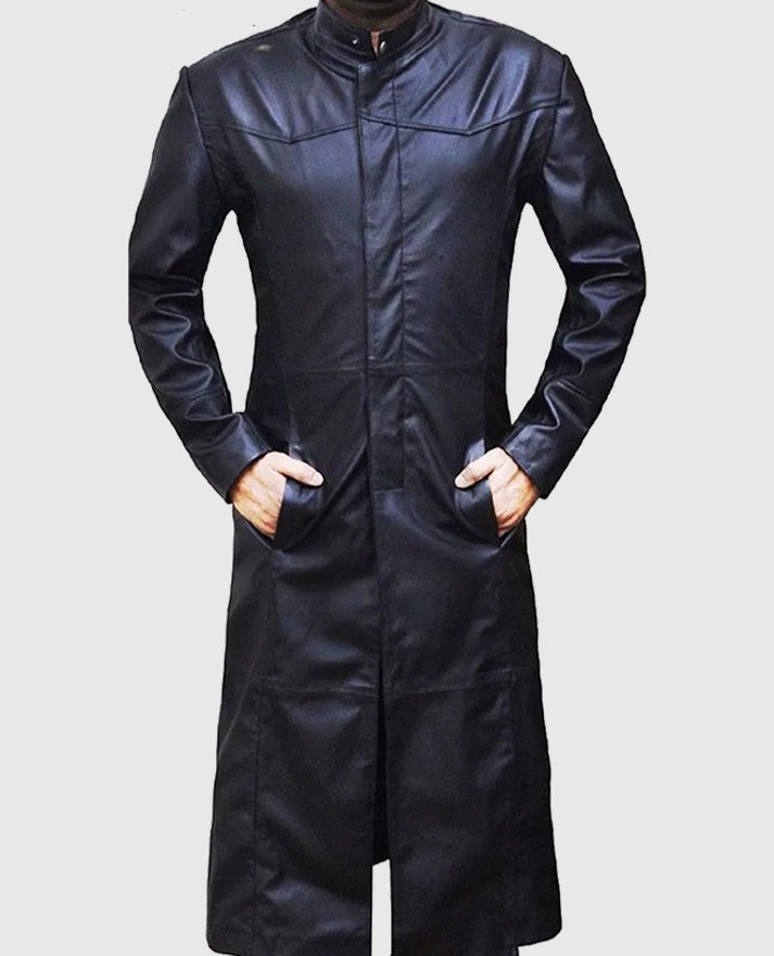 Neo Matrix Black Long Leather Trench Coat