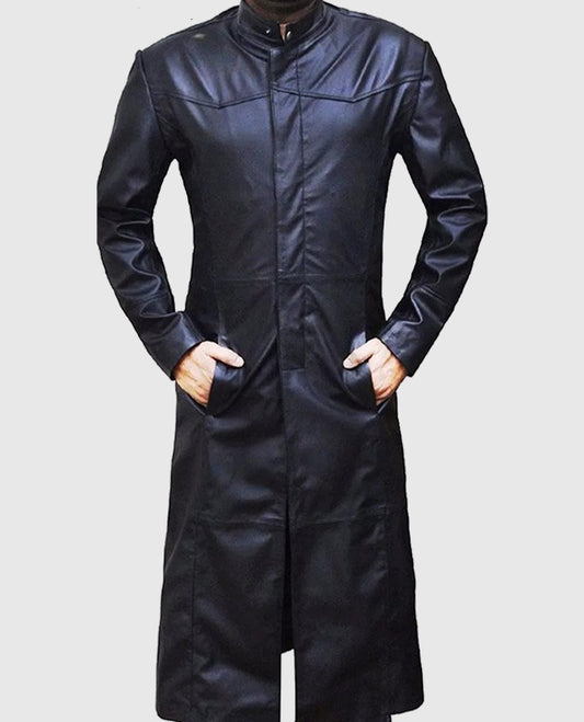 Neo Matrix Black Long Leather Trench Coat