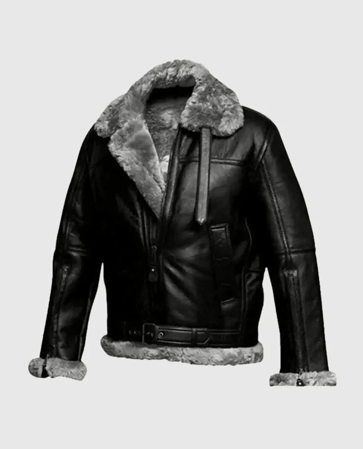 FUR Aviator Flying Pilot Bomber Black Jacket