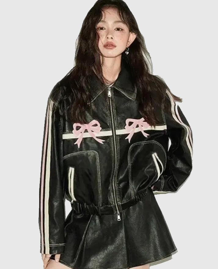 Diddi Moda Ribbon Black Leather Jacket