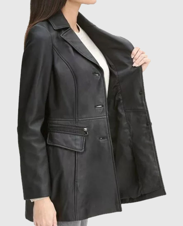 Women's Black Petite Leather Trench Coat