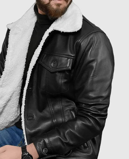 Men's Black Leather Sherpa Leather Jacket
