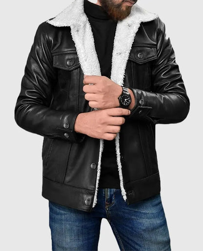 Men's Black Leather Sherpa Leather Jacket
