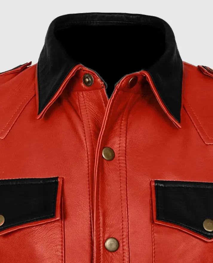 Men's Red Leather Trucker Jacket