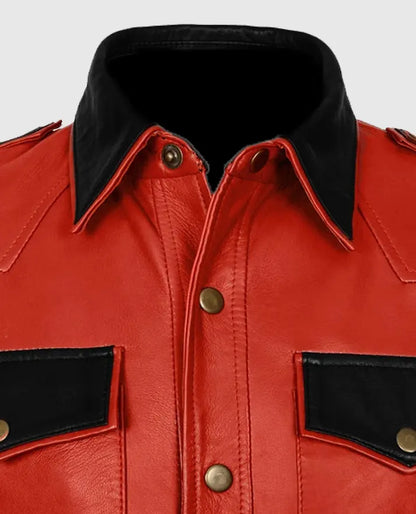 Men's Red Leather Trucker Jacket