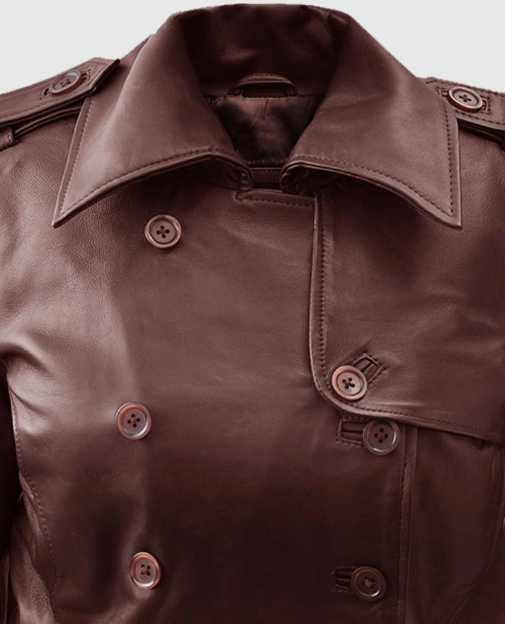 Women's Maroon Trench Soft Wax Halcon Leather Coat