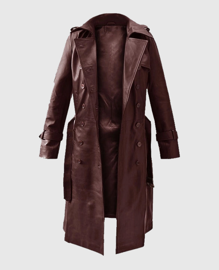 Women's Maroon Trench Soft Wax Halcon Leather Coat