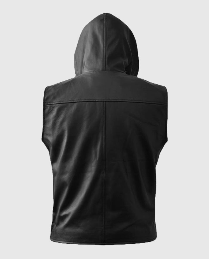 Black Biker Style Leather Hooded Vest For Men