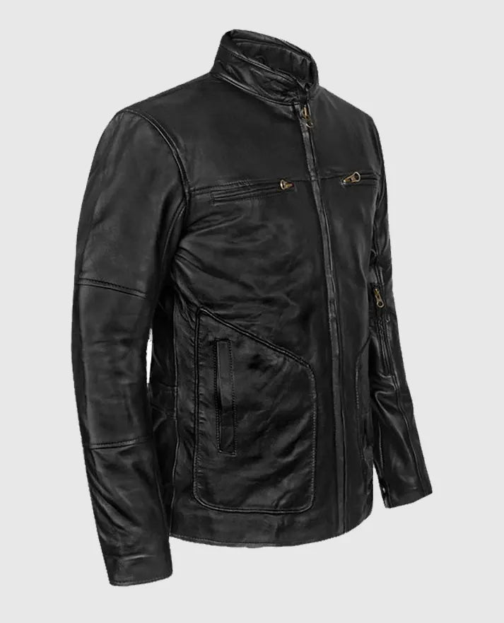 Cafe Racer Black Leather Jacket For Men