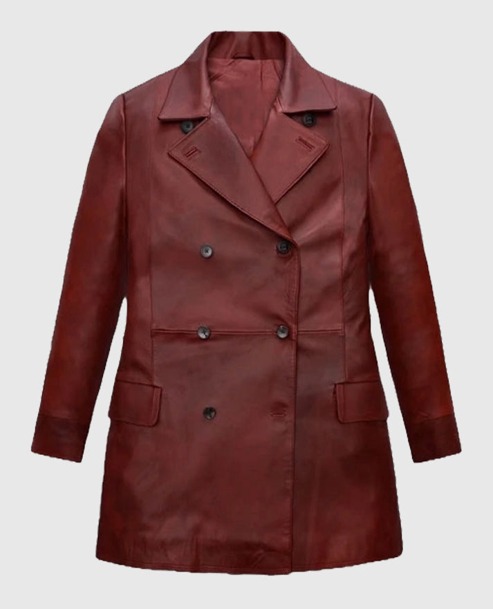 Dakota Johnson Madame Web Leather Maroon Trench Coat