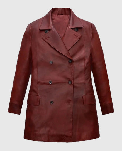 Dakota Johnson Madame Web Leather Maroon Trench Coat