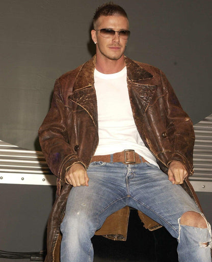 David Beckham Brown Leather Trench Coat