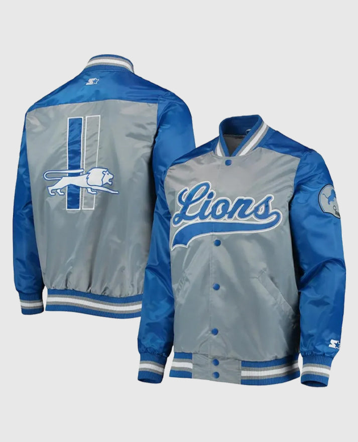 Detroit Lions The Tradition II Blue and Grey Varsity Satin Jacket