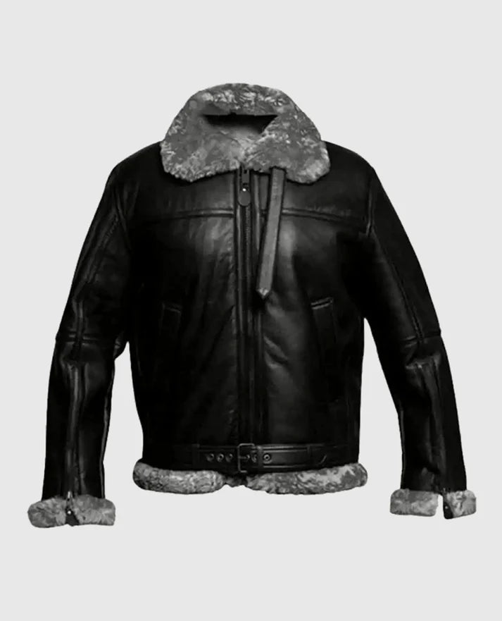 FUR Aviator Flying Pilot Bomber Black Jacket