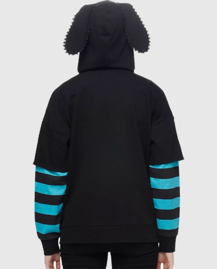 Hatsune Miku Jumbo Print Stripe Girls Black Hoodie