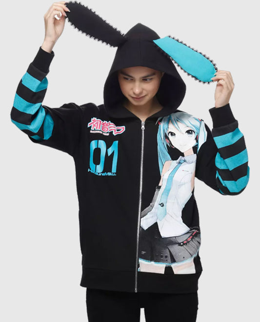Hatsune Miku Jumbo Print Stripe Girls Hoodie