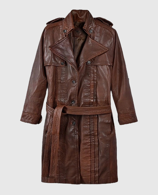 Long Spanish Brown Leather Coat for Women