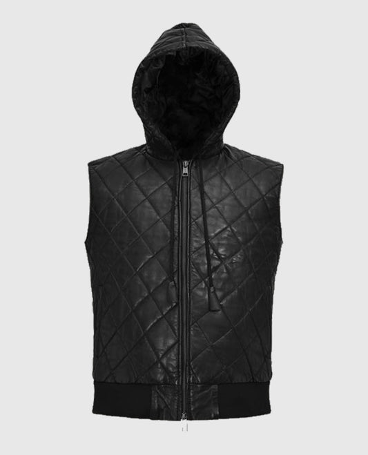 Men’s Black Quilted Hooded Leather Vest