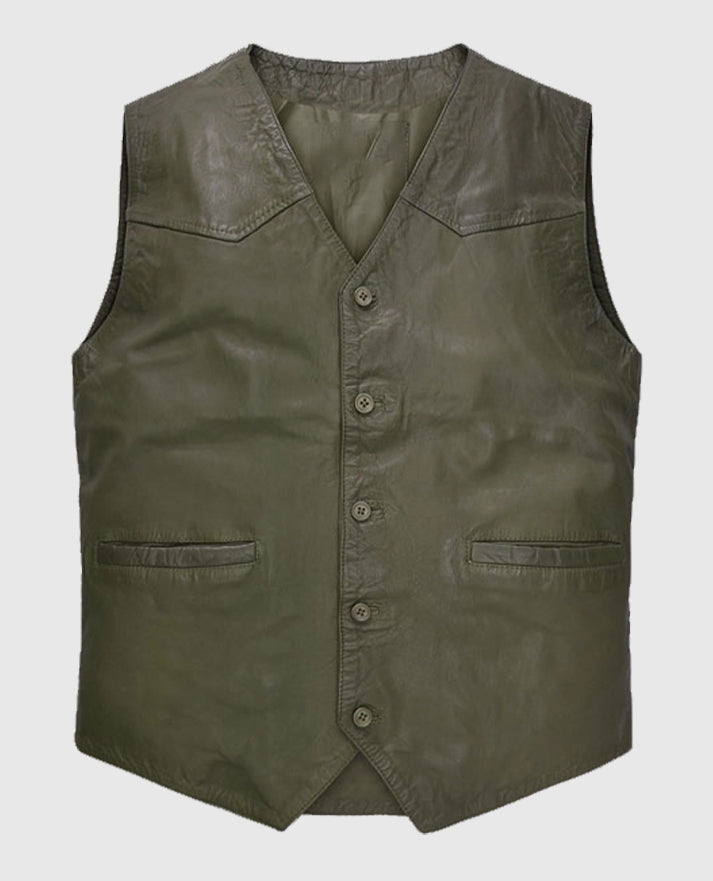 Men's Green Washed and Wax Basicallo Leather Vest
