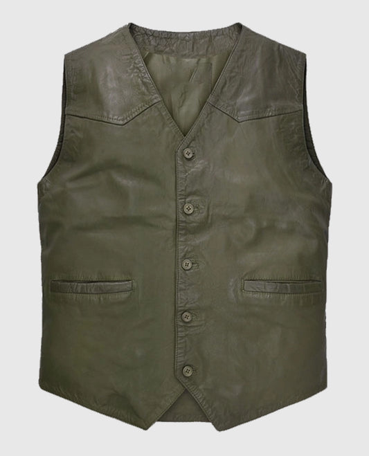 Men's Green Washed and Wax Basicallo Leather Vest