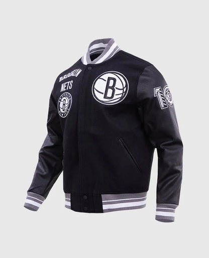 NBA Brooklyn Nets Men's Rib Wool Black Letterman Jacket