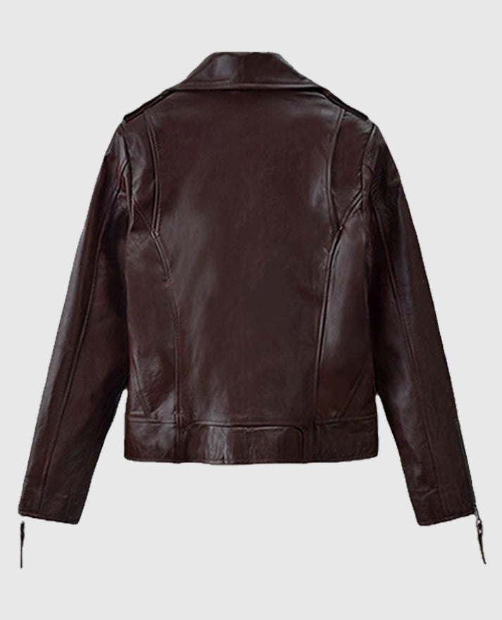 Rosie Huntington Burgundy Biker Leather Jacket
