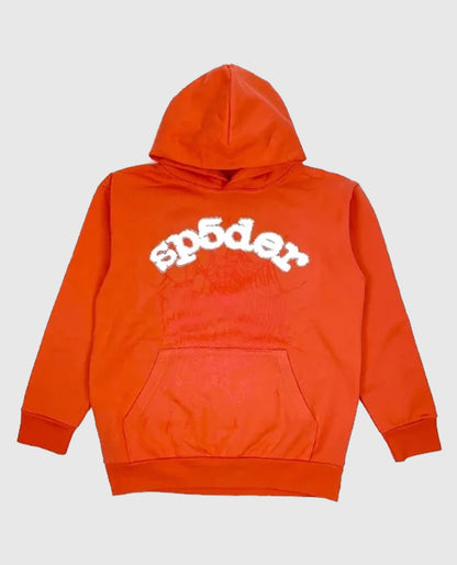 SP5DER Web Suit Rhinestone Orange Pullover Hoodie 