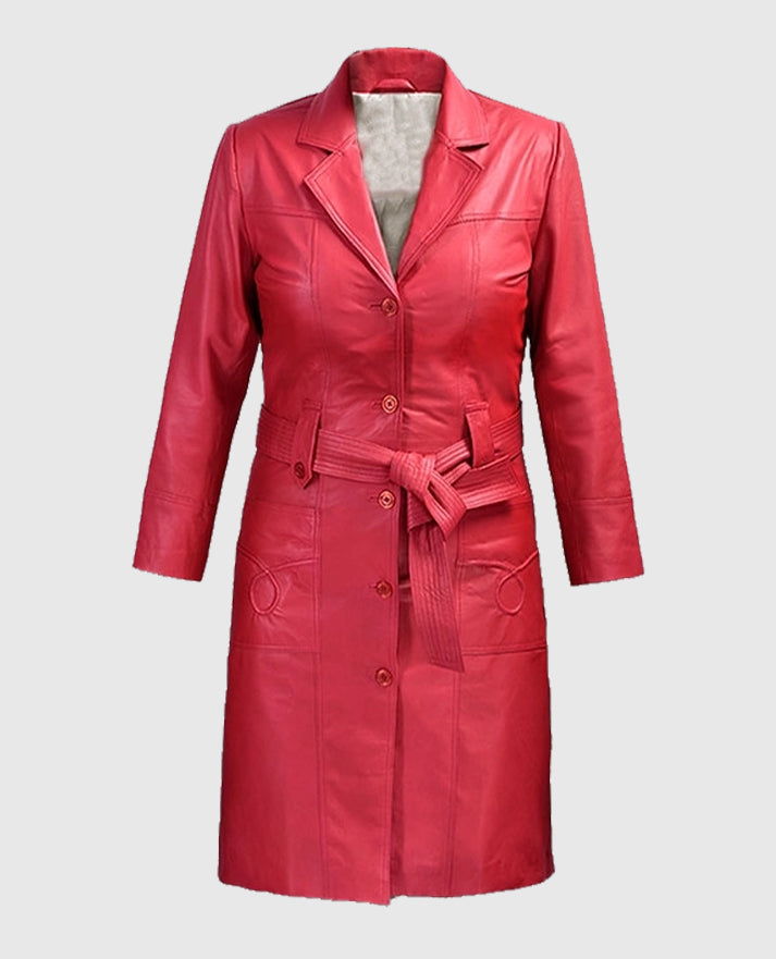 Soft Raspberry Red Rita Ora Leather Long Coat