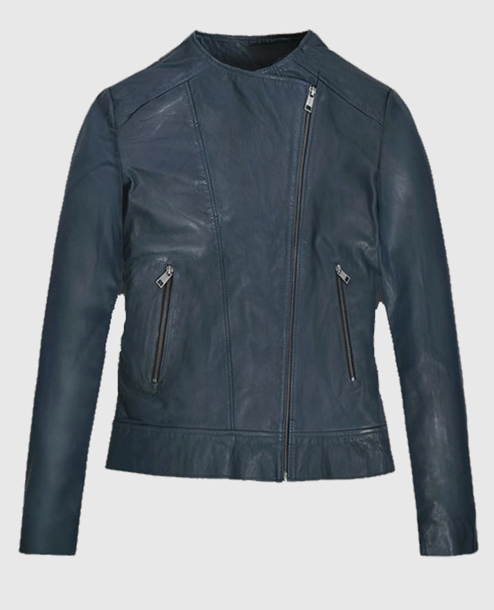 Soft Winsor Blue Washed & Wax collar less Leather Jacket