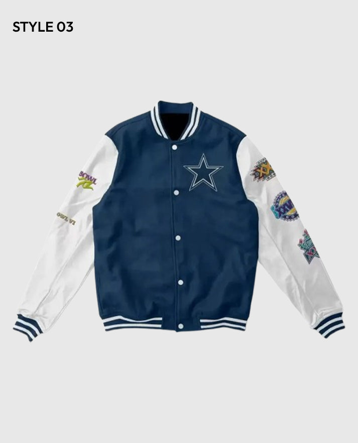 Super Bowl 5x Champions Dallas Cowboys Navy Varsity Jacket style 3