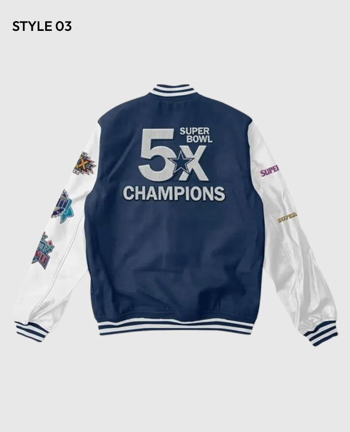 Super Bowl 5x Champions Dallas Cowboys Navy blue letterman  Jacket 