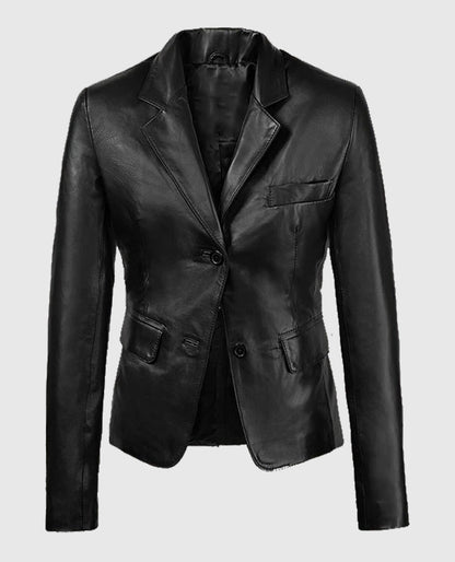 Women's 2 Button Leather Black Blazer